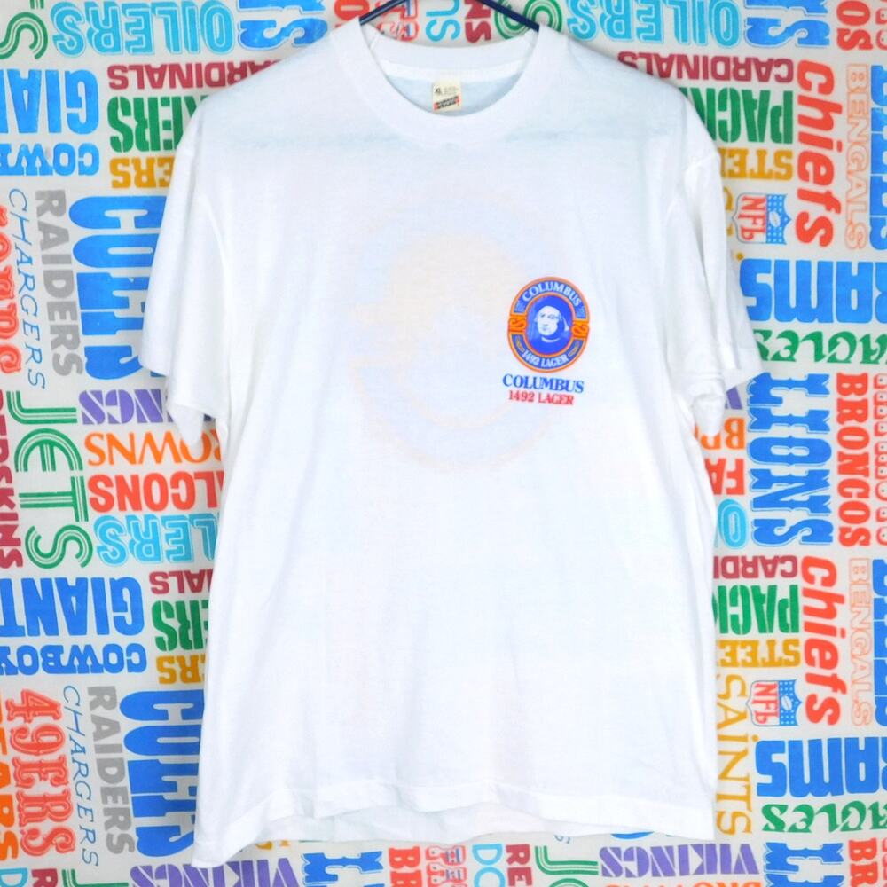 Vintage 80s Columbus 1492 Lager T Shirt Size XL Double Sided Logo Screen Stars